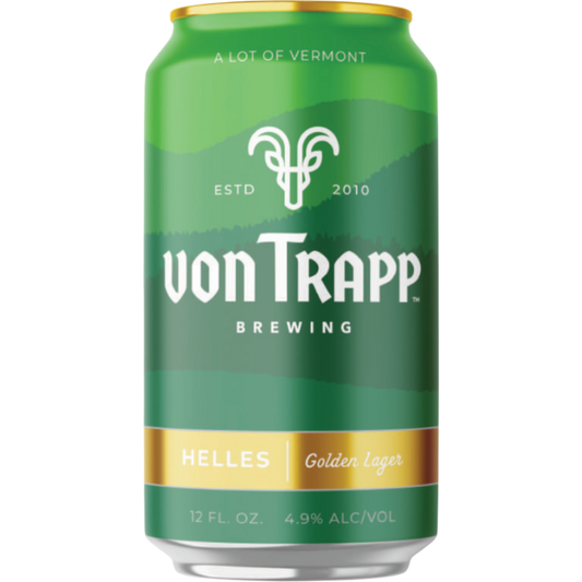 Stowe Public House & Bottle Shop von Trapp Helles Golden Lager can. Green can with gold accents and mountain landscape.