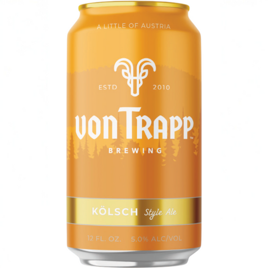 Stowe Public House & Bottle Shop von Trapp Brewing Kölsch Style Ale can. Bright orange can with mountain and tree graphics.