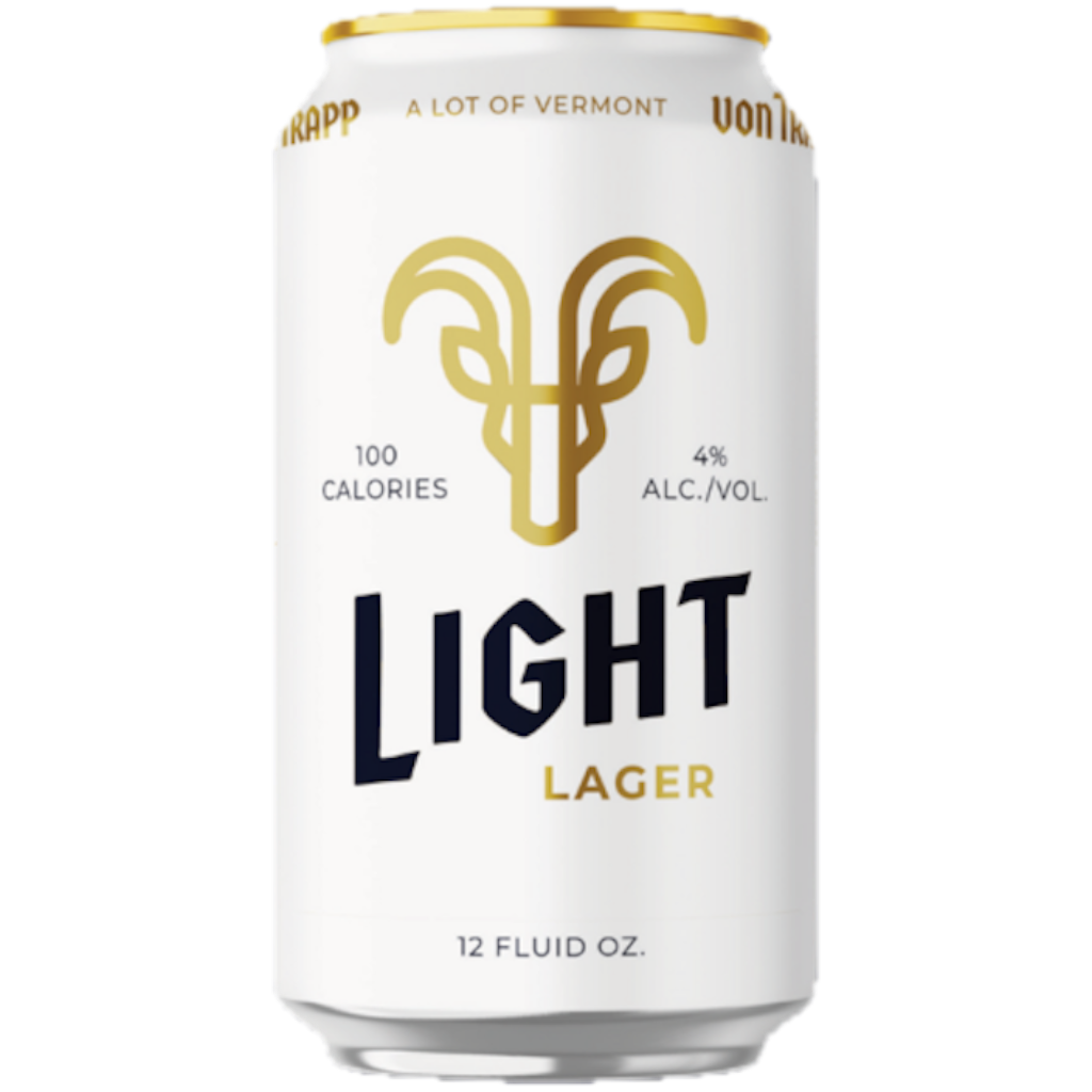 Stowe Public House & Bottle Shop von Trapp Light Lager can with gold goat logo, 100 calories, 4% ABV, 12 fl oz.