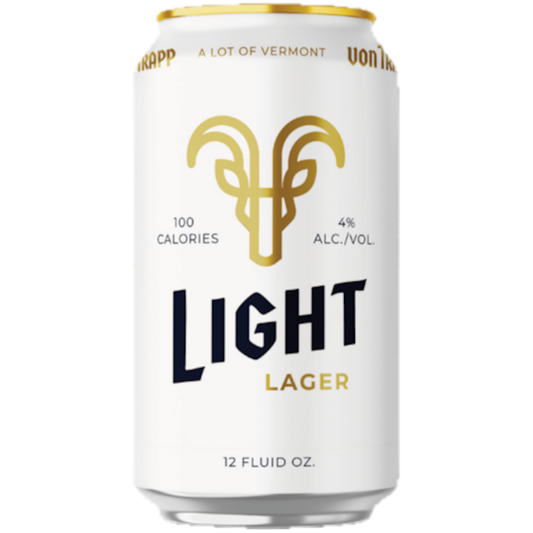 Stowe Public House & Bottle Shop von Trapp Light Lager can with gold goat logo, 100 calories, 4% ABV, 12 fl oz.