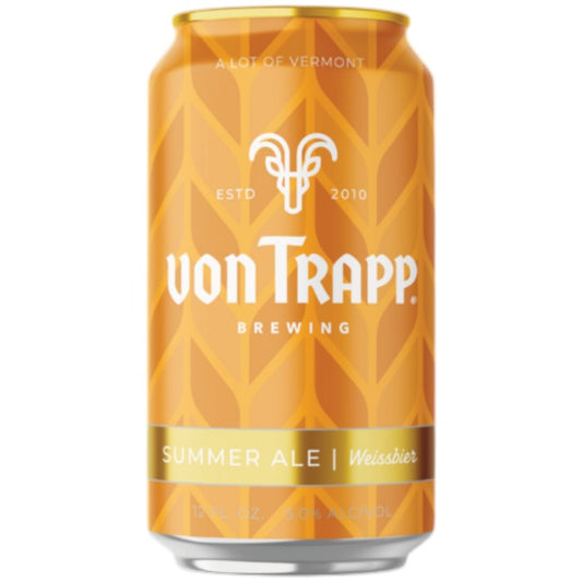 Stowe Public House & Bottle Shop vonTrapp Summer Ale, a Bavarian-style hefeweizen in an orange can with a gold rim.