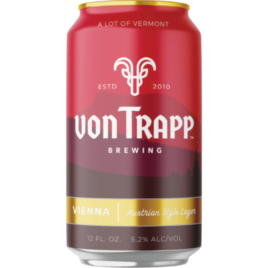 Stowe Public House & Bottle Shop: Von Trapp Brewing Vienna Austrian Style Lager can. Red can with gold accents and mountain silhouette.