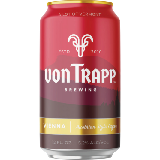 Stowe Public House & Bottle Shop: Von Trapp Brewing Vienna Austrian Style Lager can. Red can with gold accents and mountain silhouette.