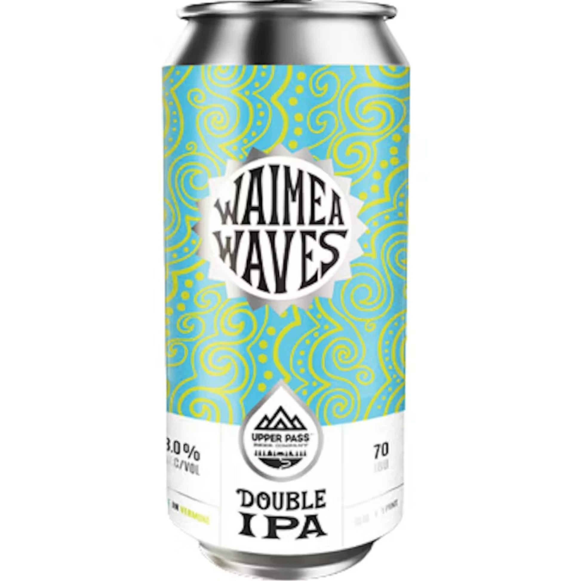Stowe Public House & Bottle Shop Waimea Waves Double IPA can with blue and yellow wave pattern. Brewed with New Zealand and American hops.