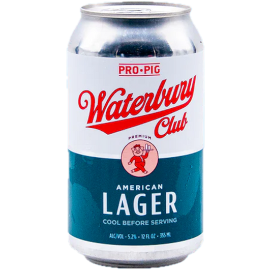 Stowe Public House & Bottle Shop Pro-Pig Waterbury Club premium American lager can. Features a pig mascot.