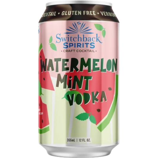 Stowe Public House & Bottle Shop Switchback Spirits Watermelon Mint Vodka Craft Cocktail can with watermelon slices and mint leaves.
