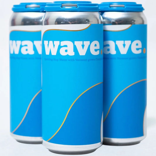 Stowe Public House & Bottle Shop Wave sparkling hop water cans, zero alcohol, zero calories, zero sugar. Blue cans with orange wave design.