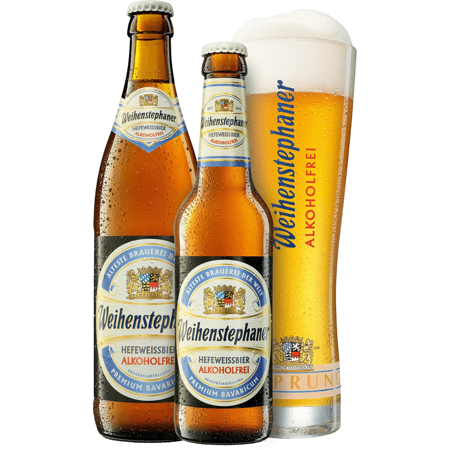 Stowe Public House & Bottle Shop: Weihenstephaner alcohol-free Hefeweissbier in bottles and a glass. Amber beer with white foam.