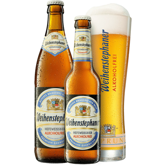 Stowe Public House & Bottle Shop: Weihenstephaner alcohol-free Hefeweissbier in bottles and a glass. Amber beer with white foam.