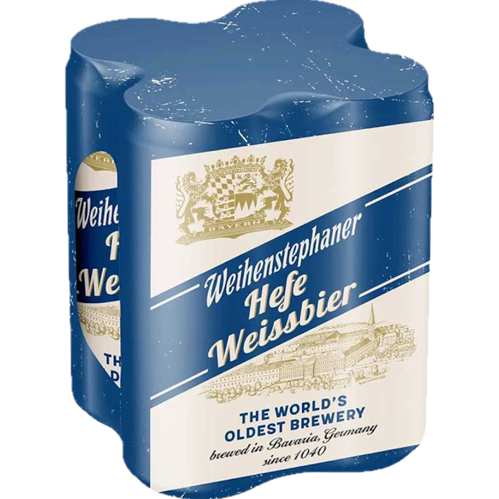 Stowe Public House & Bottle Shop: Weihenstephaner Hefeweissbier 4-pack cans, golden-yellow wheat beer with banana and clove notes.