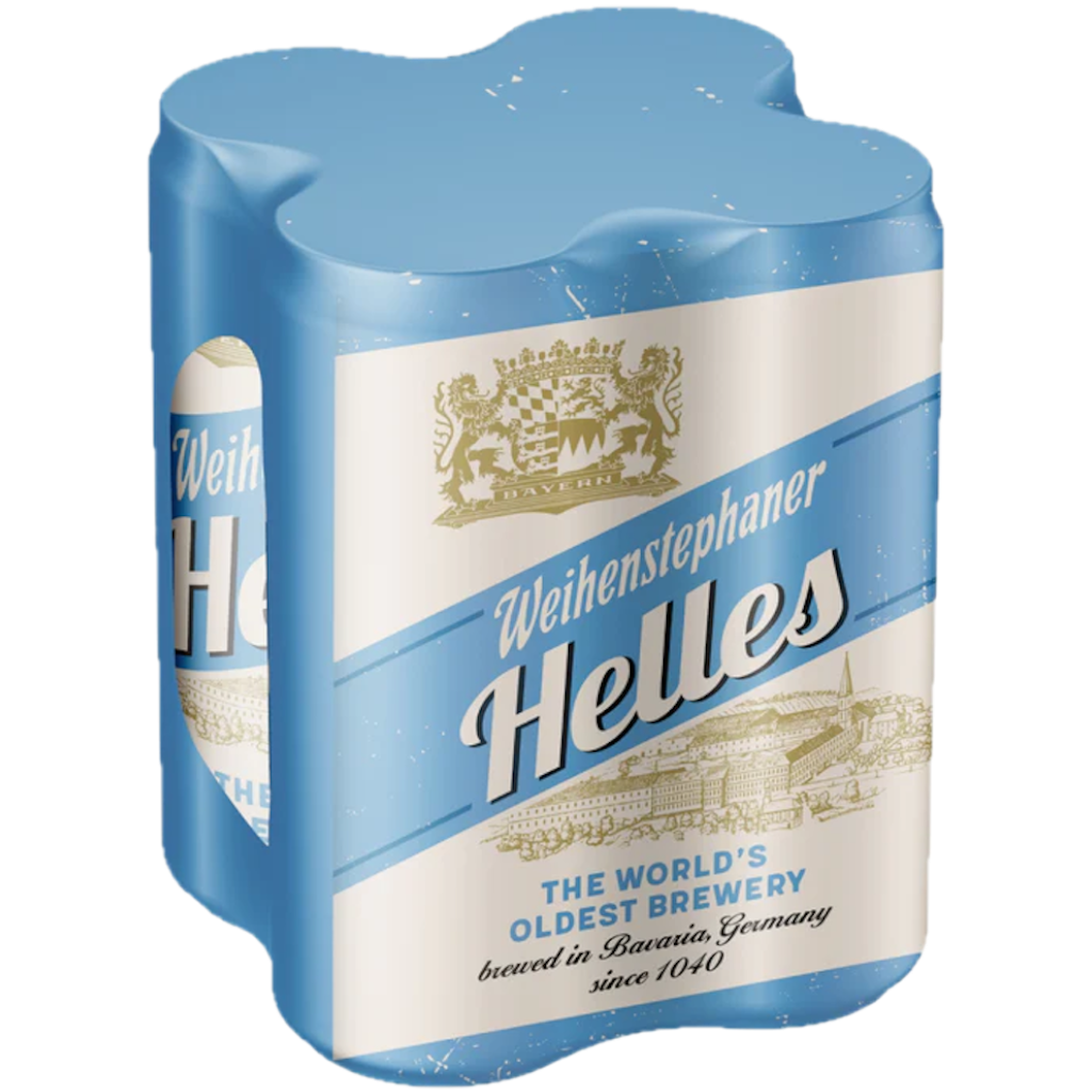 Stowe Public House & Bottle Shop Weihenstephaner Helles 4-pack beer cans with blue and white label featuring Bavarian crest and brewery illustration.