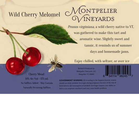 Stowe Public House & Bottle Shop Montpelier Vineyards Wild Cherry Melomel, a tart and aromatic wine with sweet and tannic notes.