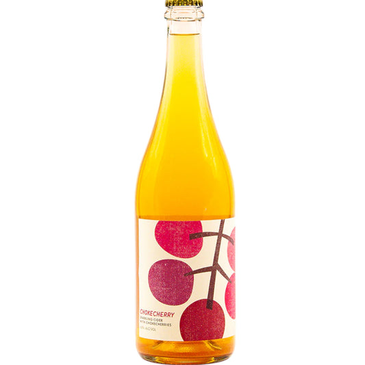 Stowe Public House & Bottle Shop Wildbranch Chokecherry sparkling cider bottle with red chokecherry illustration on label.