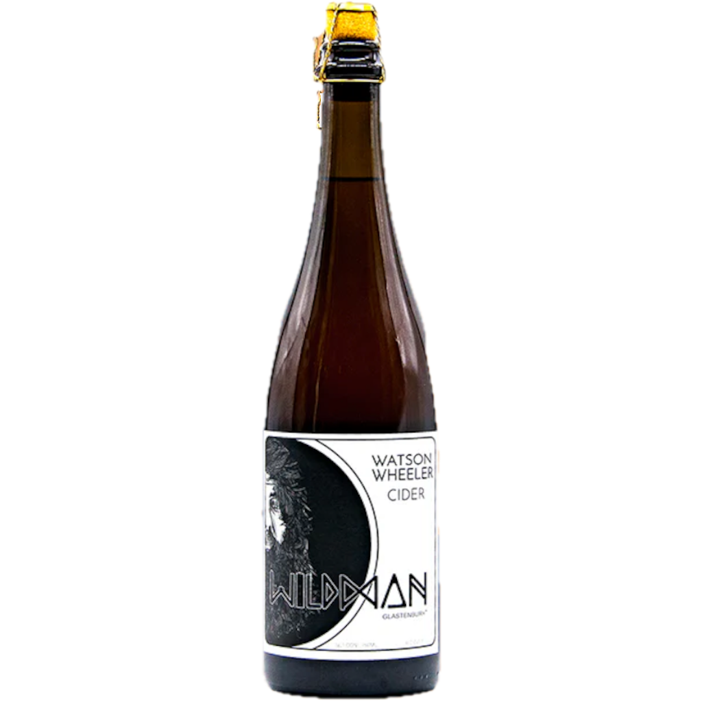 Stowe Public House & Bottle Shop Watson Wheeler Cider Wildman pet-nat sparkling cider in a brown glass bottle with a gold wire cage closure.