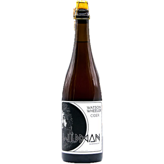 Stowe Public House & Bottle Shop Watson Wheeler Cider Wildman pet-nat sparkling cider in a brown glass bottle with a gold wire cage closure.