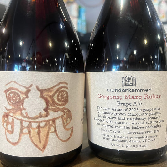 Stowe Public House & Bottle Shop's Wunderkammer Gorgons; Marq Rubus grape ale, 7.0% ABV, bottled Sept 2024. Features Vermont Marquette grapes, blackberry, and raspberry.