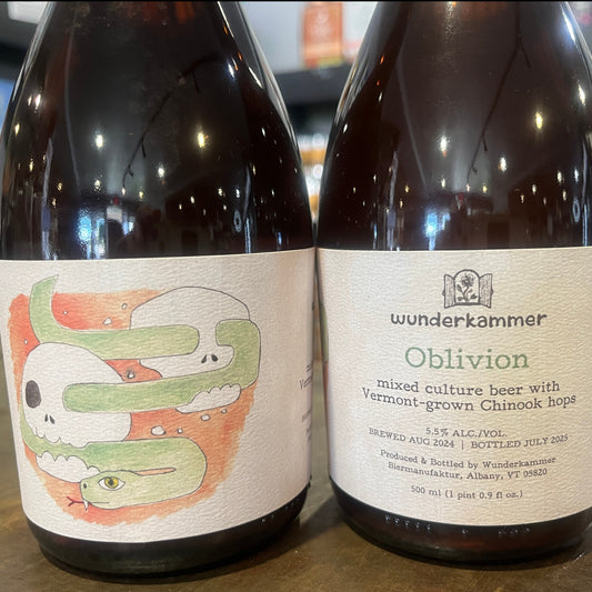 Stowe Public House & Bottle Shop's Wunderkammer Oblivion mixed culture beer, 5.5% ABV, bottled July 2025. Features a snake coiled around a skull.