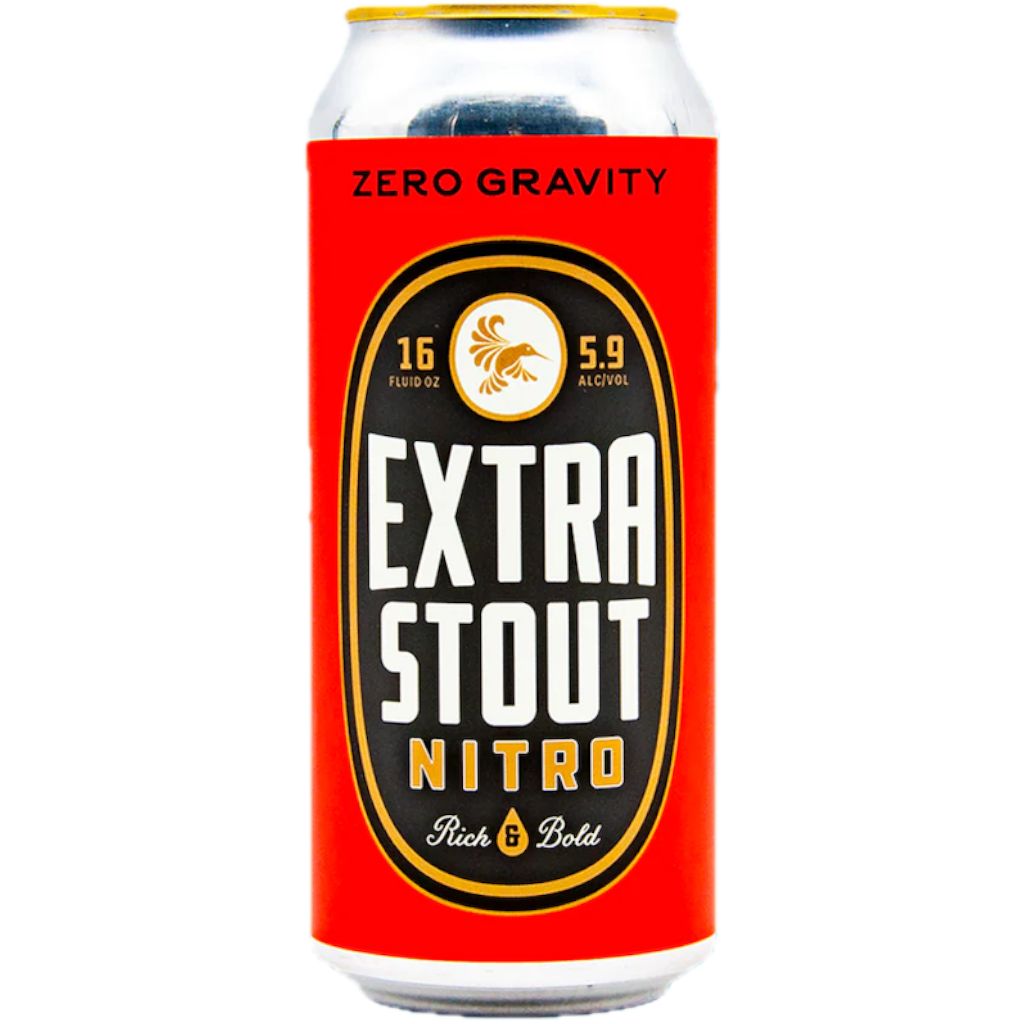 Stowe Public House & Bottle Shop Zero Gravity Extra Stout Nitro can. Black Irish-style ale with chocolate and coffee notes.