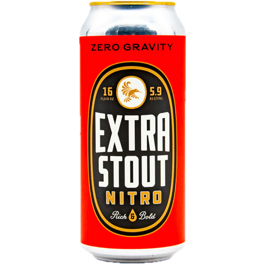 Stowe Public House & Bottle Shop Zero Gravity Extra Stout Nitro can. Black Irish-style ale with chocolate and coffee notes.