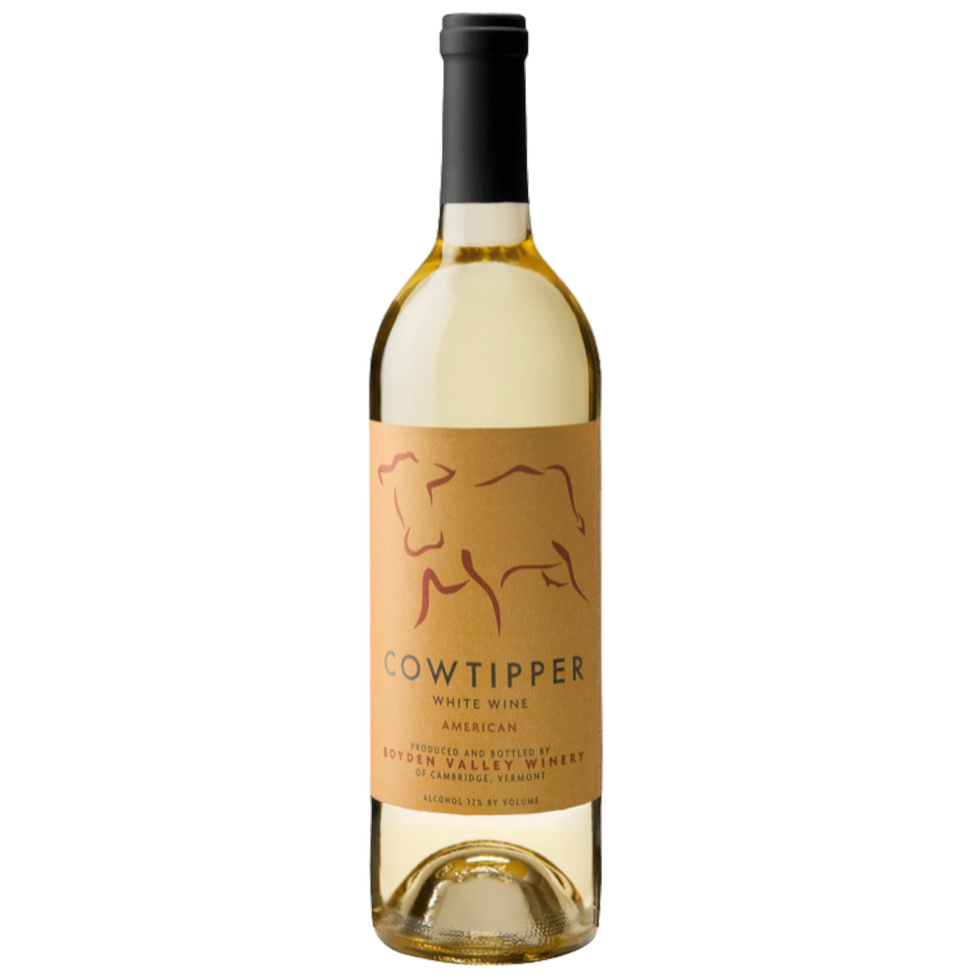 Stowe Public House & Bottle Shop Boyden Valley Cow Tipper American white wine bottle with a brown label featuring a cow outline.