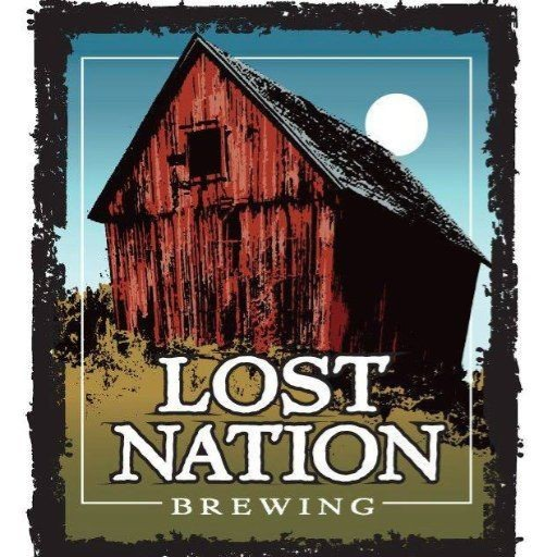 Stowe Public House & Bottle Shop Lost Nation Brewing Rise Up Kolsch beer label art with red barn and moon.
