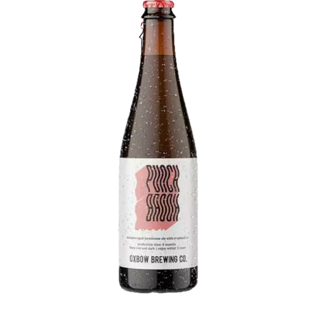 Stowe Public House & Bottle Shop: Oxbow Brewing Punch Brook unfiltered farmhouse ale aged on raspberries. Pink label with white text.