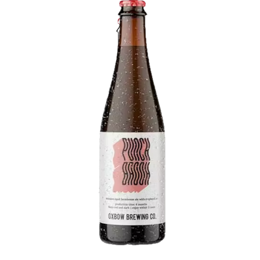 Stowe Public House & Bottle Shop: Oxbow Brewing Punch Brook unfiltered farmhouse ale aged on raspberries. Pink label with white text.