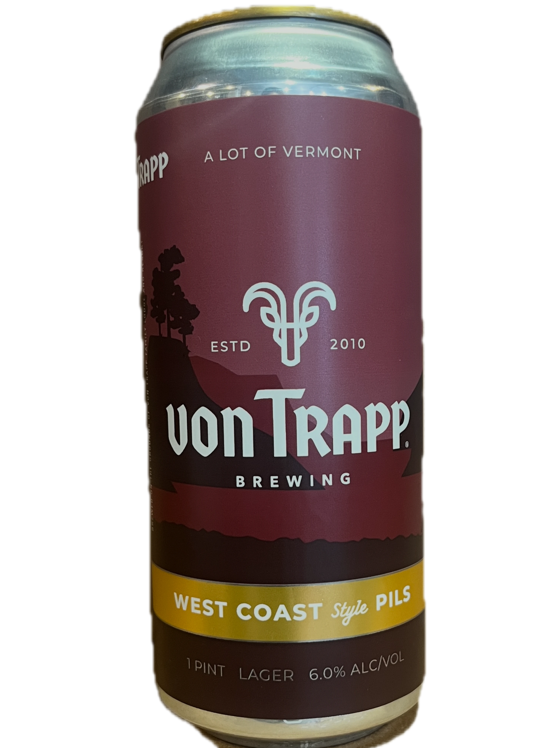 Stowe Public House & Bottle Shop vonTrapp West Coast Pilsner can, featuring a maroon label with a landscape illustration and the brewery logo.