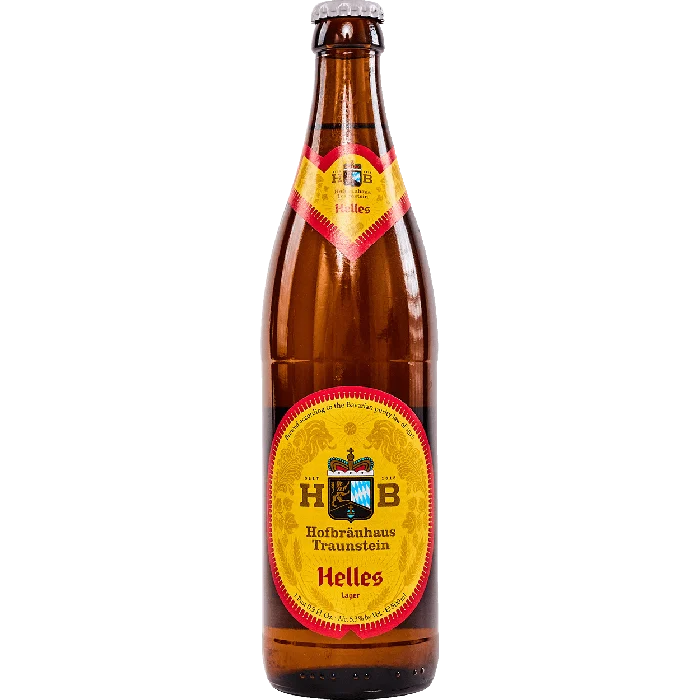Stowe Public House & Bottle Shop: Hofbrauhaus Traunstein Helles lager in a brown glass bottle with a yellow and red label.