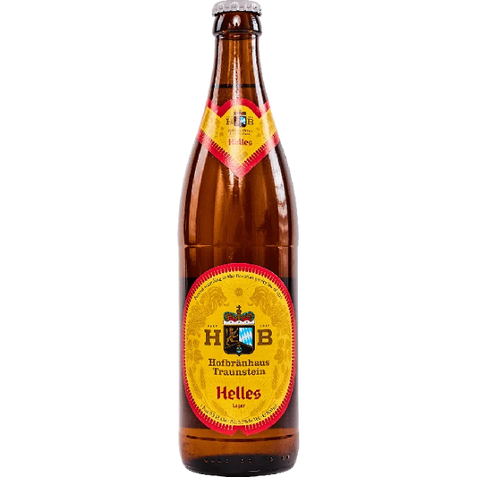 Stowe Public House & Bottle Shop: Hofbrauhaus Traunstein Helles lager in a brown glass bottle with a yellow and red label.