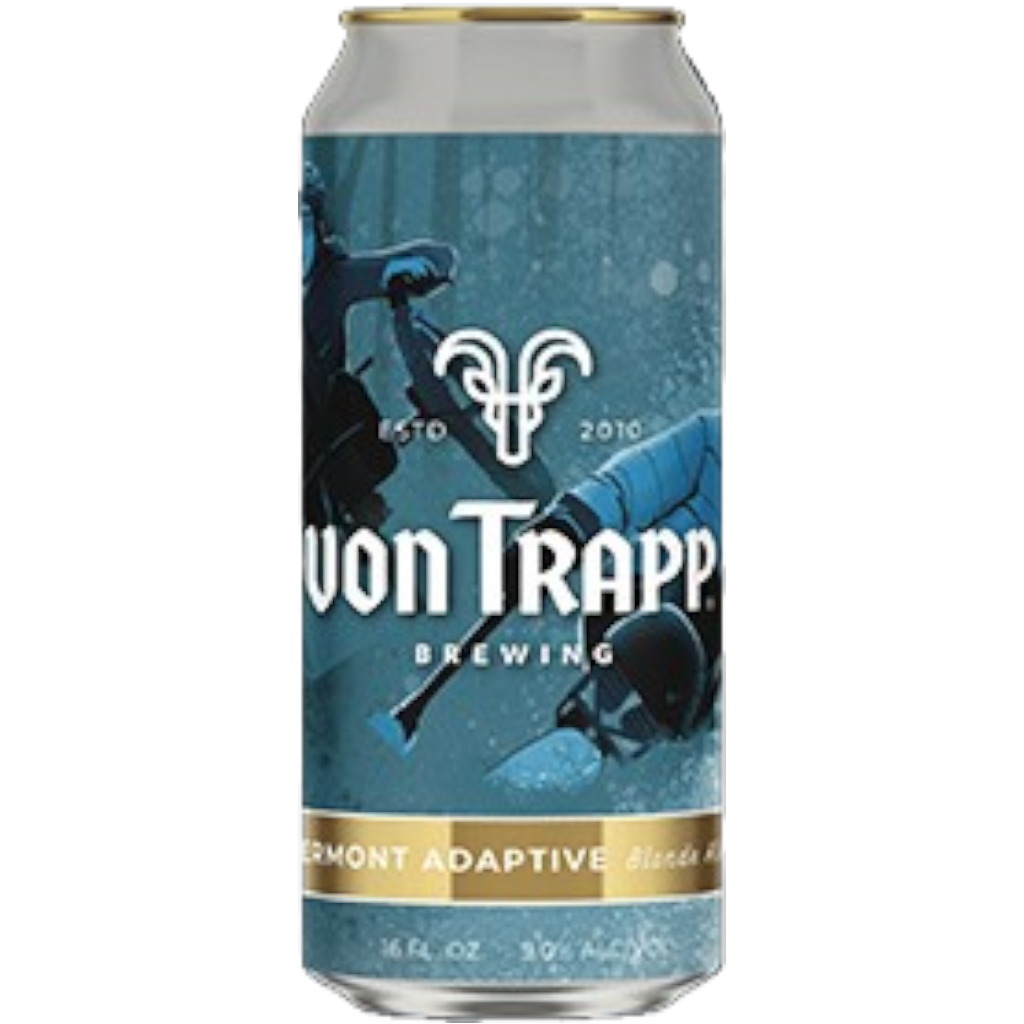Von Trapp Brewing Vermont Adaptive Blonde Ale can with skier and mountain bike