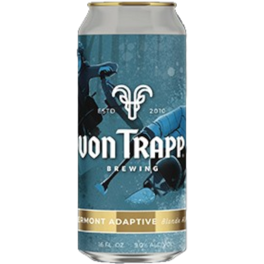 Von Trapp Brewing Vermont Adaptive Blonde Ale can with skier and mountain bike